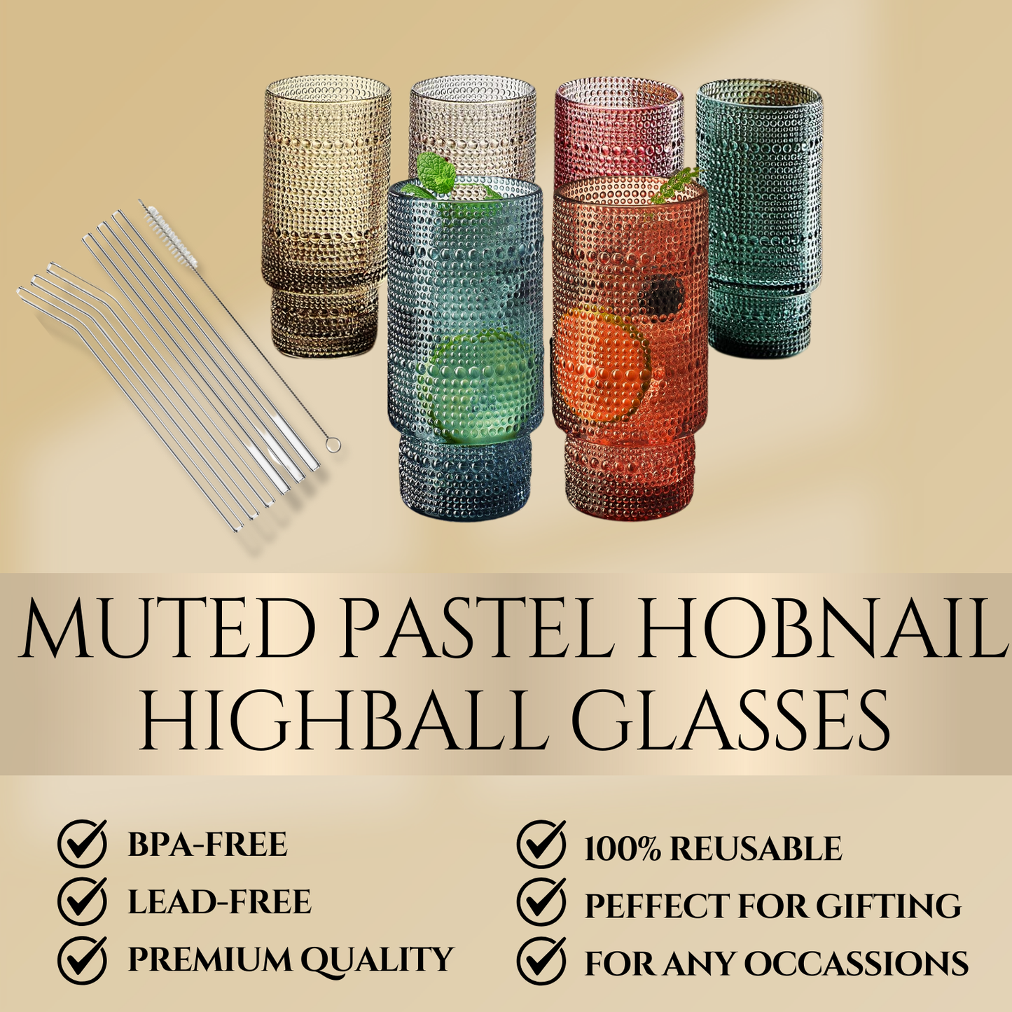 Muted Vintage Old-Fashioned Glasses | Set of 6 | With Glass Straws