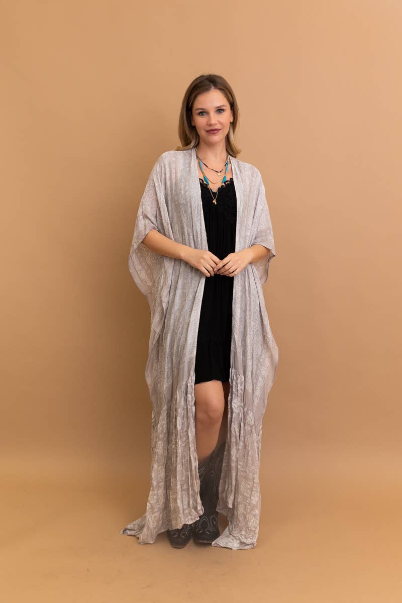 Sky Blue Paisley Floor-Length Kimono | Ruffle Hem
