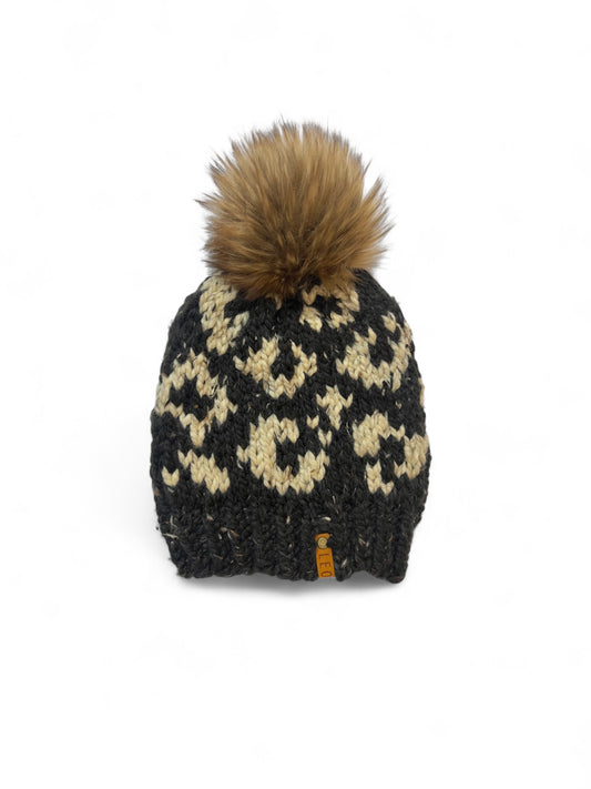Handmade Wool Knit Hat with Faux Fur Pom | Leopard