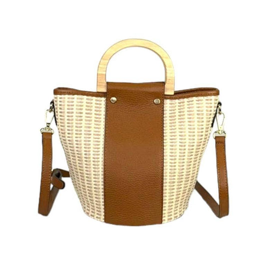 Italian Raffia and Leather Bucket Bag with Wooden Handles | Brown