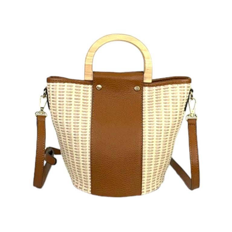 Italian Raffia and Leather Bucket Bag with Wooden Handles | Black