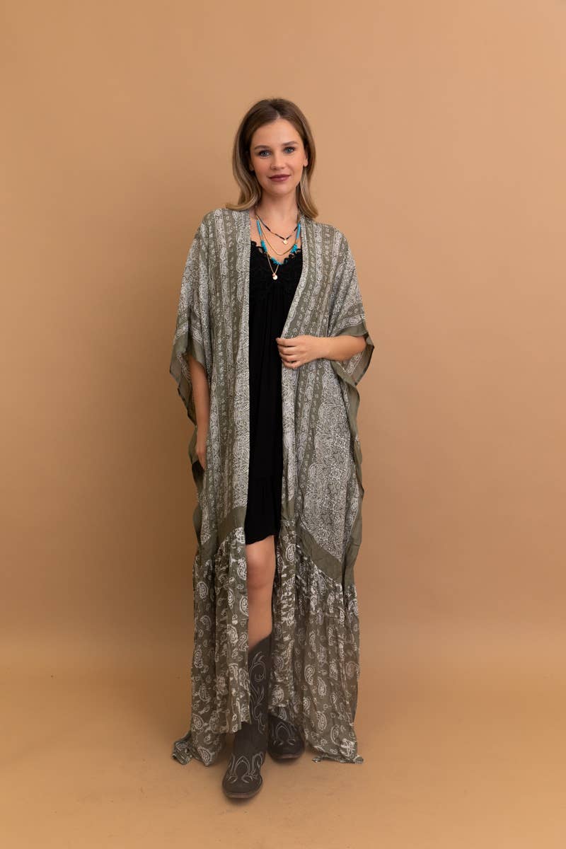 Sky Blue Paisley Floor-Length Kimono | Ruffle Hem