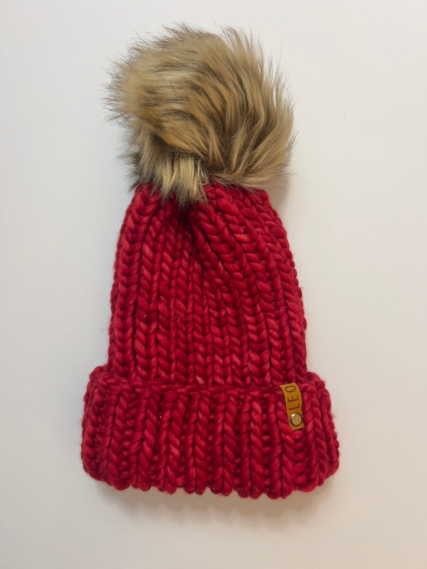 Handmade Wool Knit Hat with Faux Fur Pom | Red