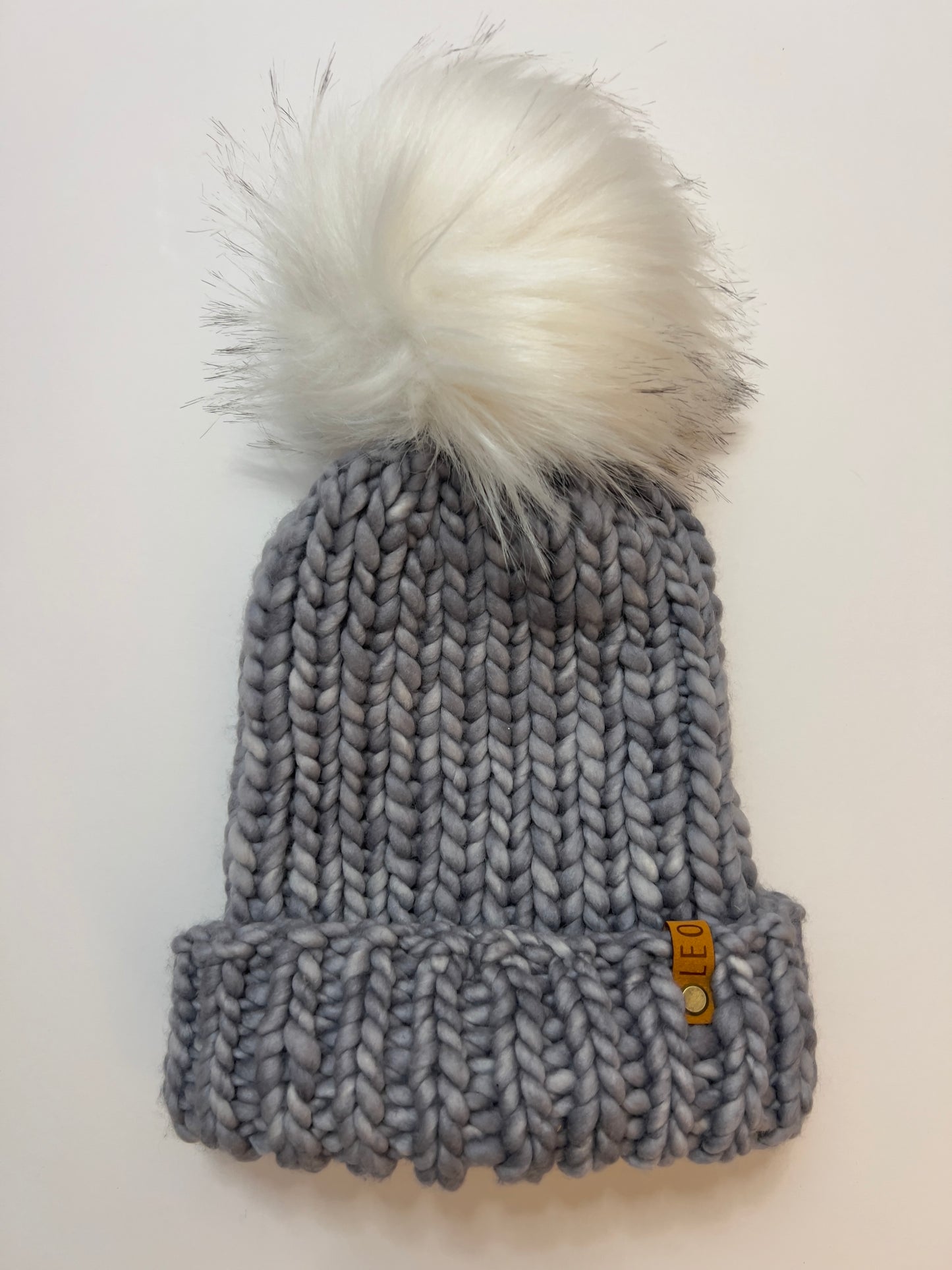 Handmade Wool Knit Hat with Faux Fur Pom | Gray