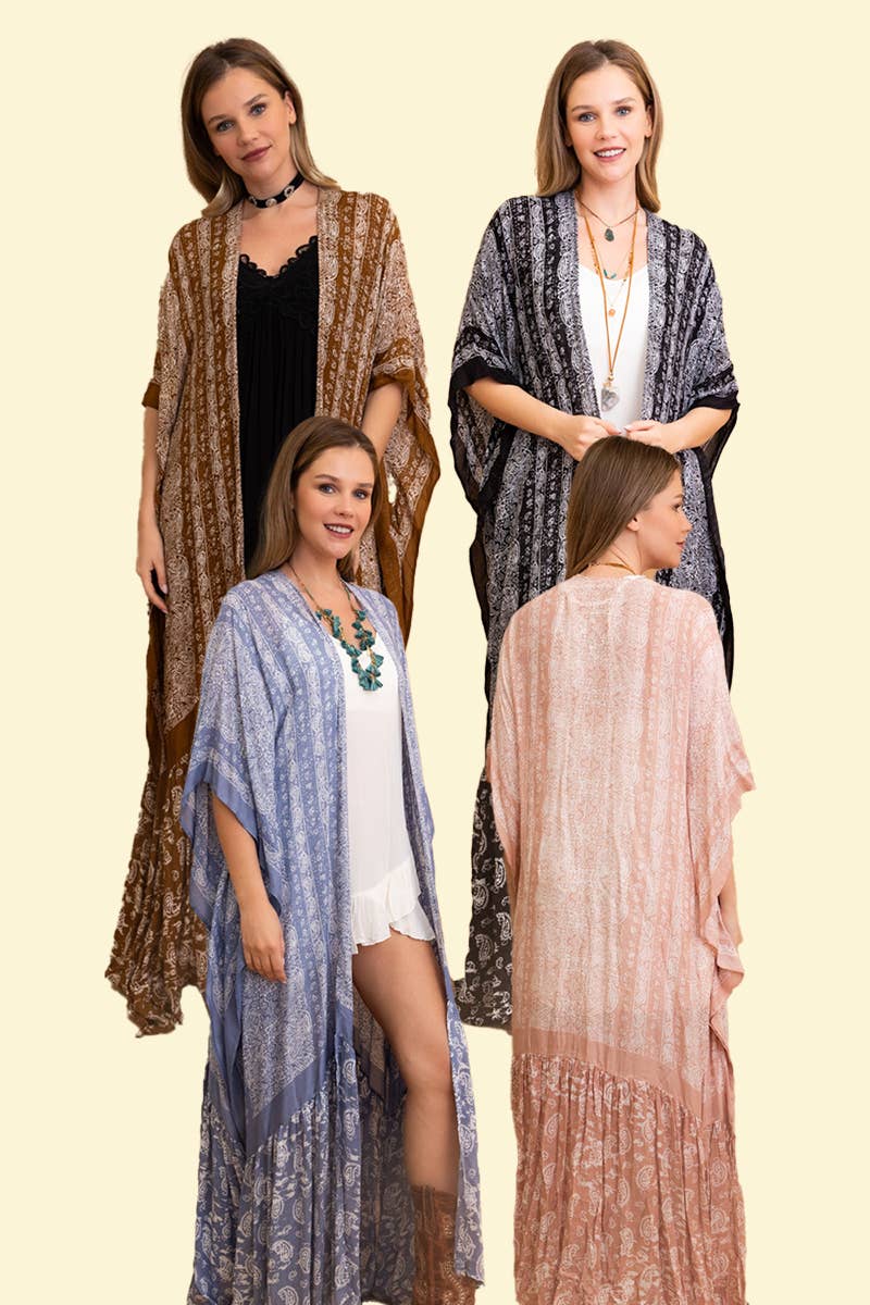 Sky Blue Paisley Floor-Length Kimono | Ruffle Hem