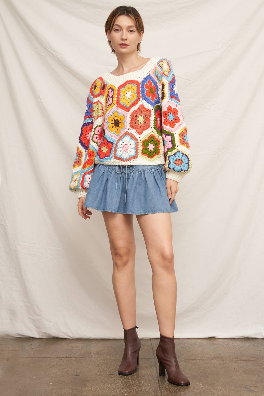 Chunky Oversized Granny Squared Crochet Sweater | White