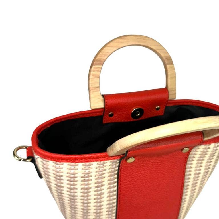 Italian Raffia and Leather Bucket Bag with Wooden Handles | Black