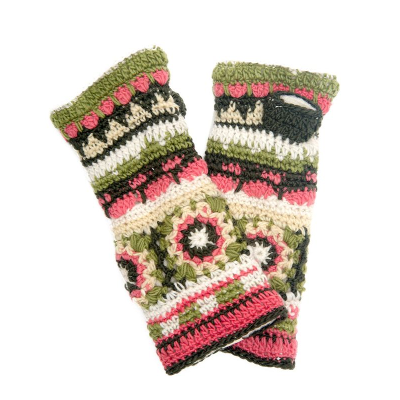 Crochet Handwarmers | Green + pink