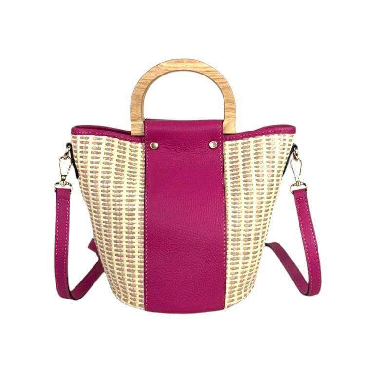 Italian Raffia and Leather Bucket Bag with Wooden Handles | Black