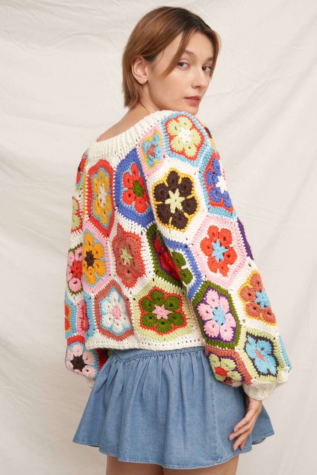 Chunky Oversized Granny Squared Crochet Sweater | White