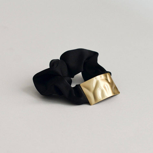 Satin Scrunchie with Rectangle Gold Charm | Black