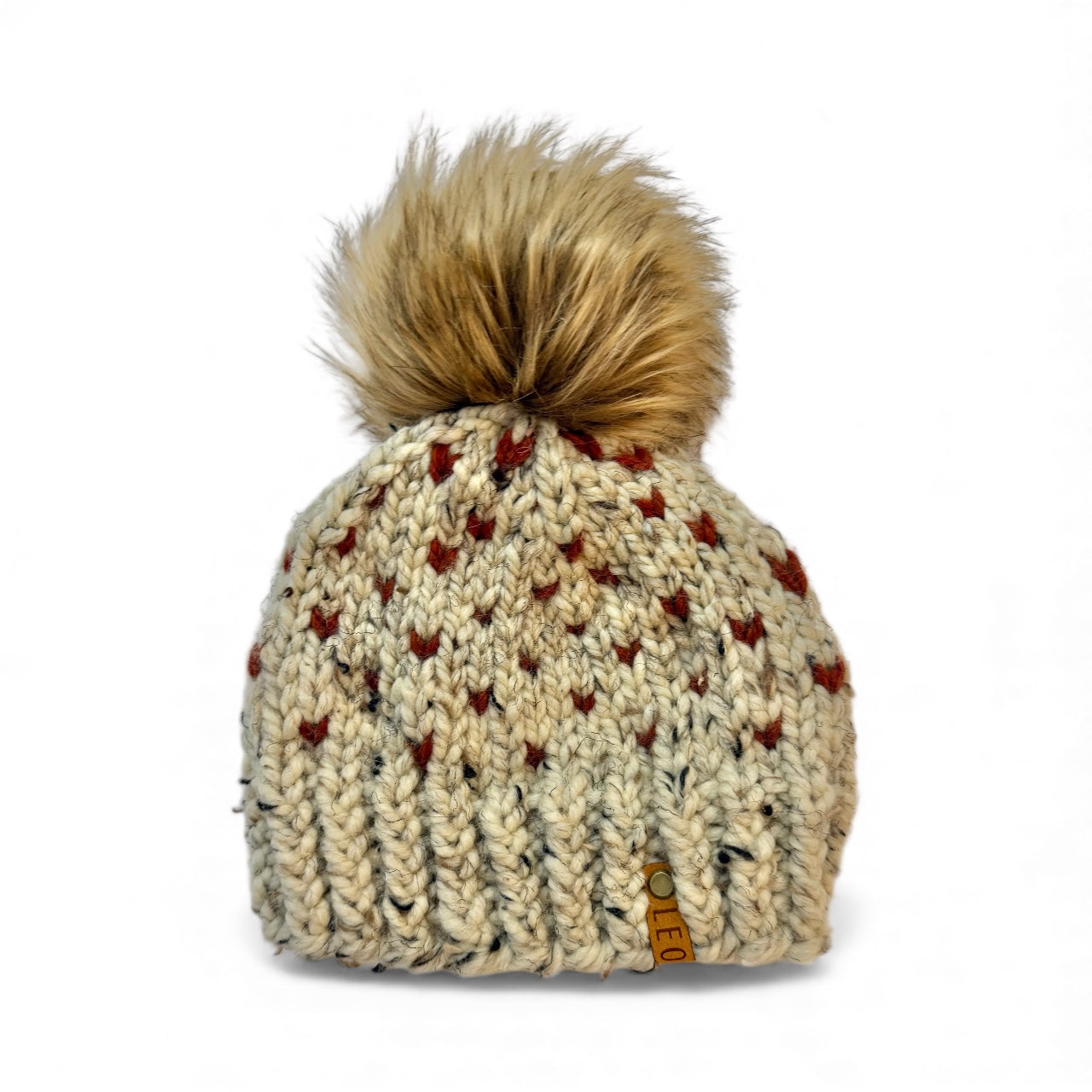 Handmade Wool Knit Hat with Faux Fur Pom | Hearts