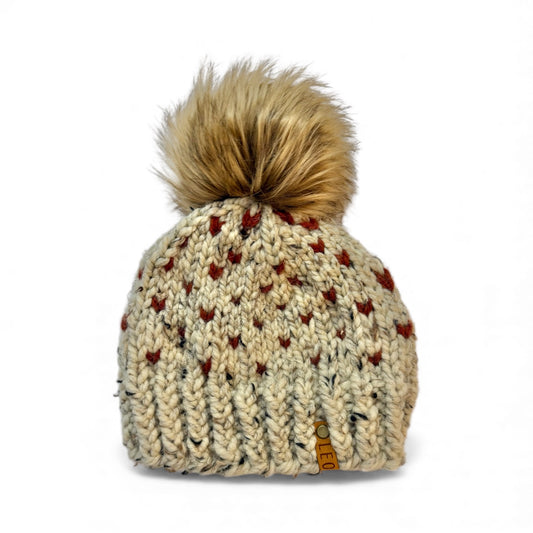 Handmade Wool Knit Hat with Faux Fur Pom | Hearts