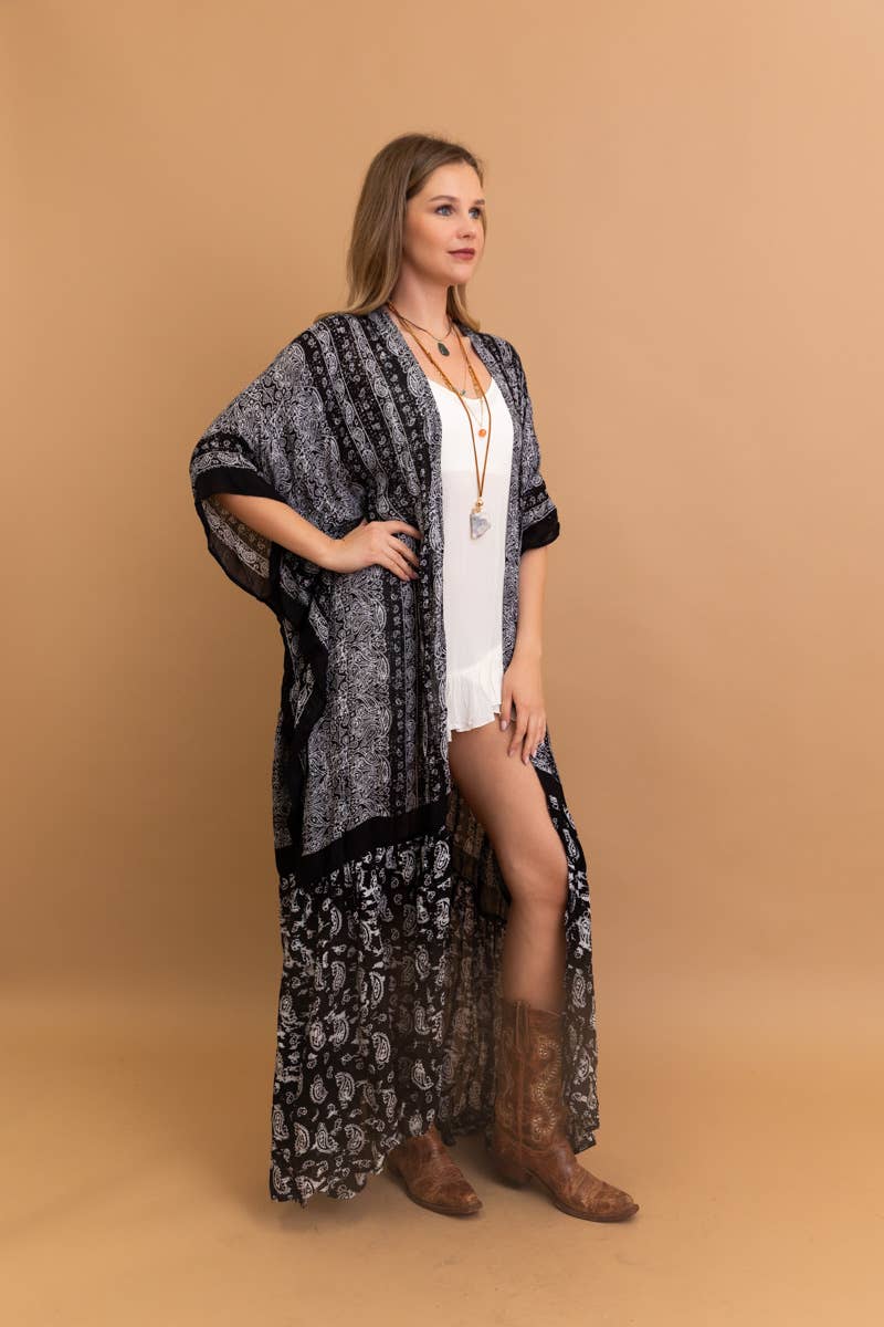 Black Paisley Floor-Length Kimono | Ruffle Hem Statement Layer