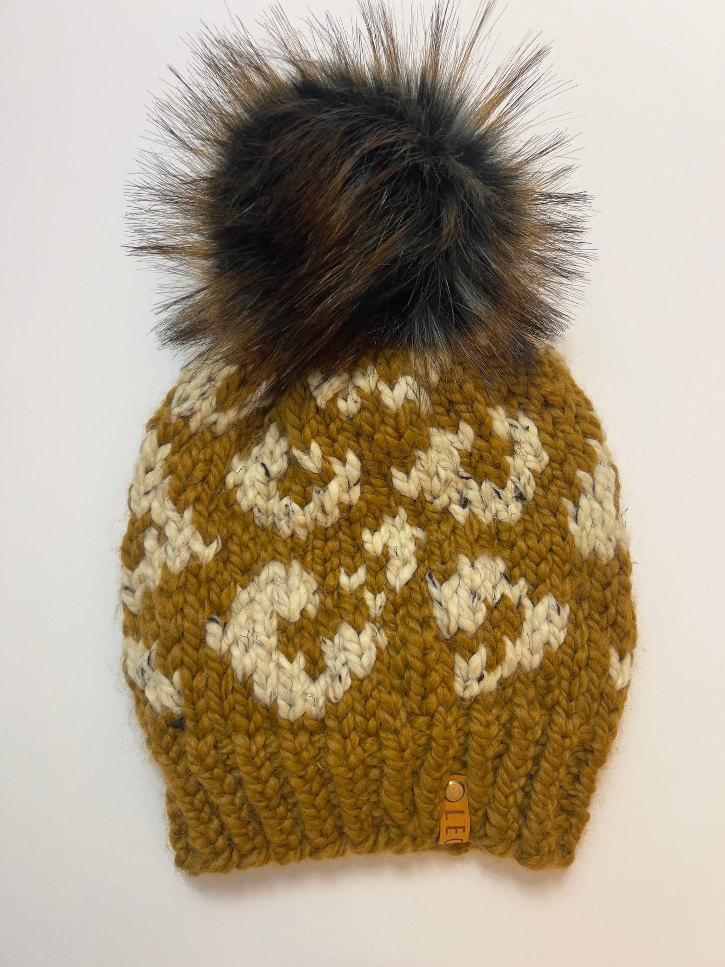 Handmade Wool Knit Hat with Faux Fur Pom | Leopard