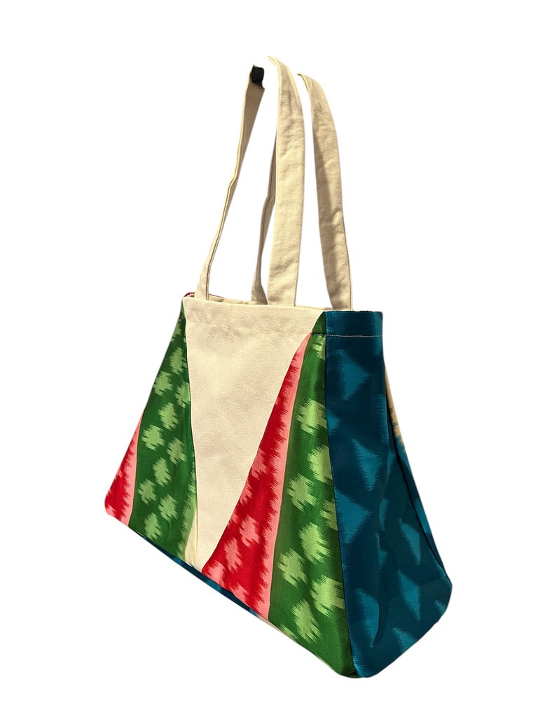 Tulsi Triangle Tote Bag | Red/Green/White/Blue Ikat