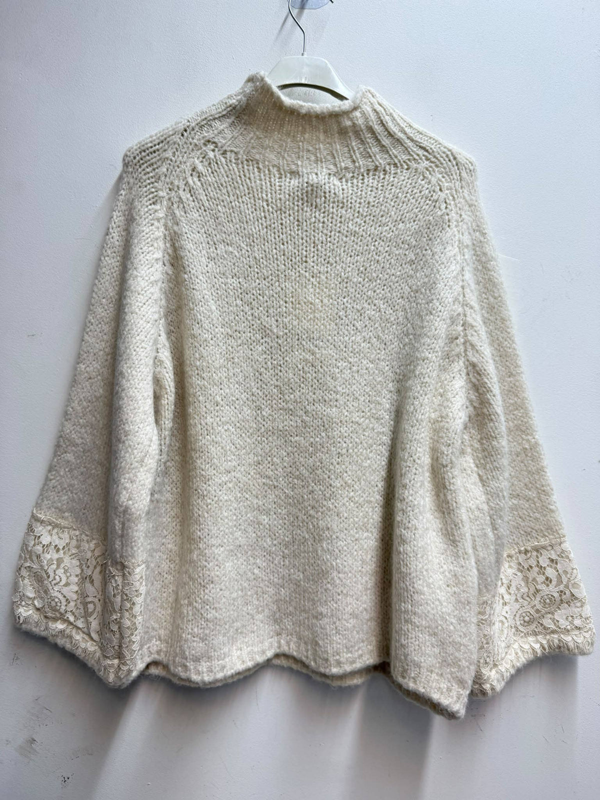 Lace-Trim Funnel Neck Sweater