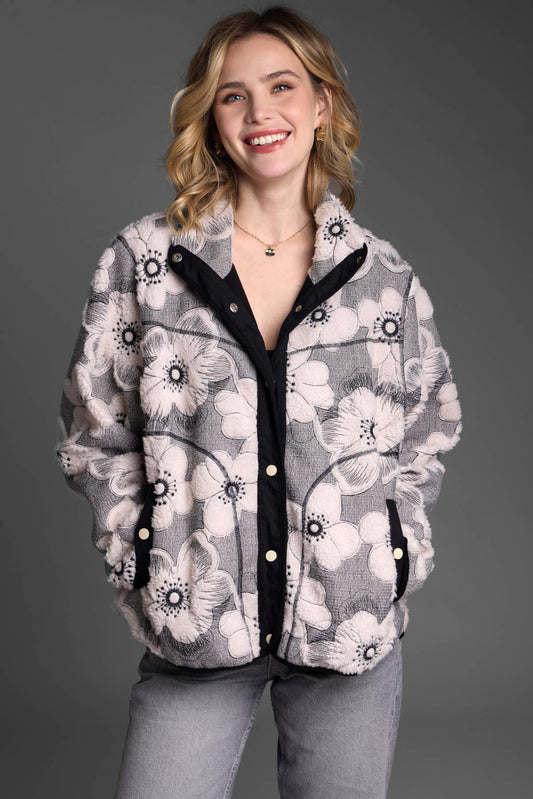 Floral Sherpa Jacket | Black & White