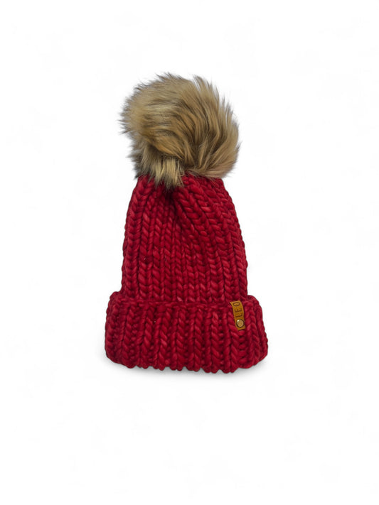 Handmade Wool Knit Hat with Faux Fur Pom | Red
