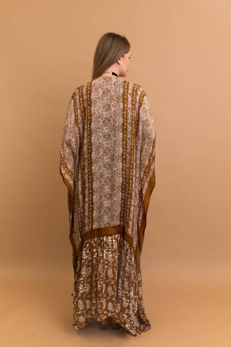Sky Blue Paisley Floor-Length Kimono | Ruffle Hem