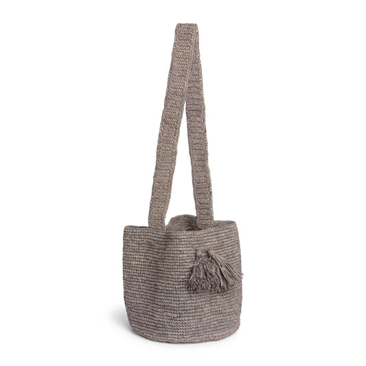 Raffia Cross Body Bucket Basket - Grey