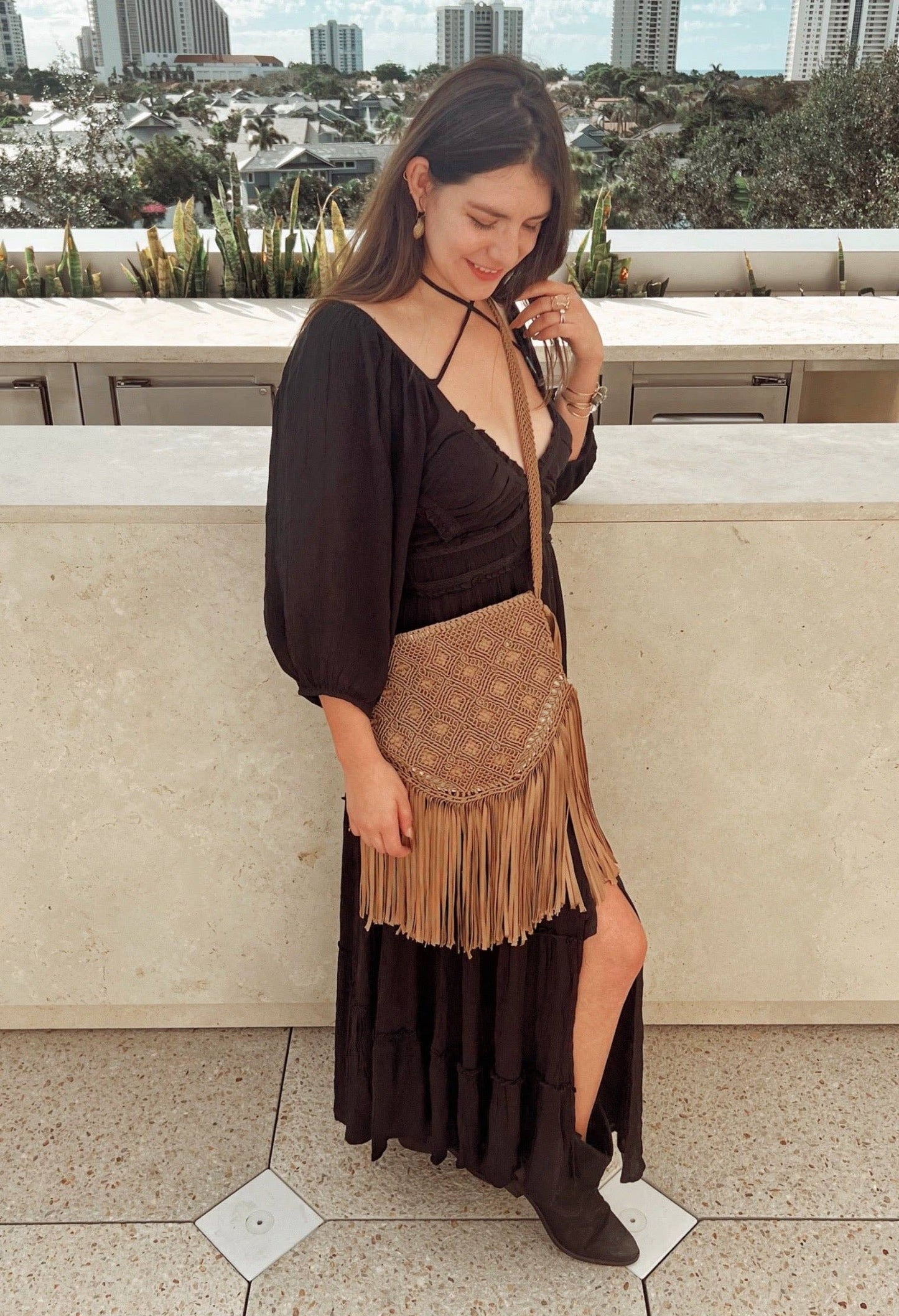Boho Macrame Fringe Bag | Caramel