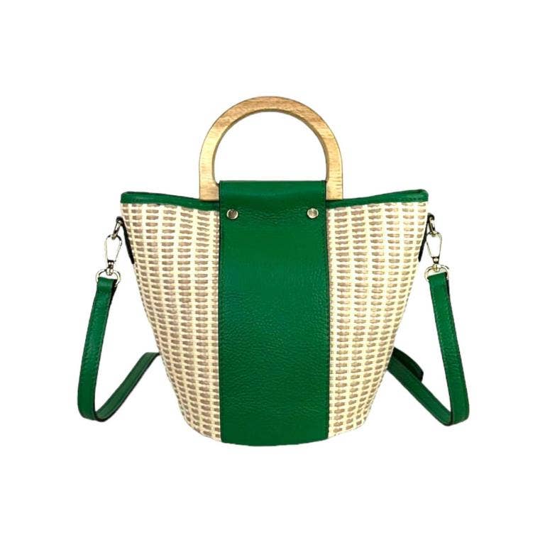 Italian Raffia and Leather Bucket Bag with Wooden Handles | Black