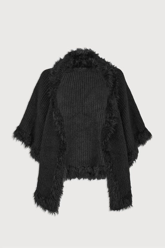 Fur Trim Knit Open Cardigan | Black