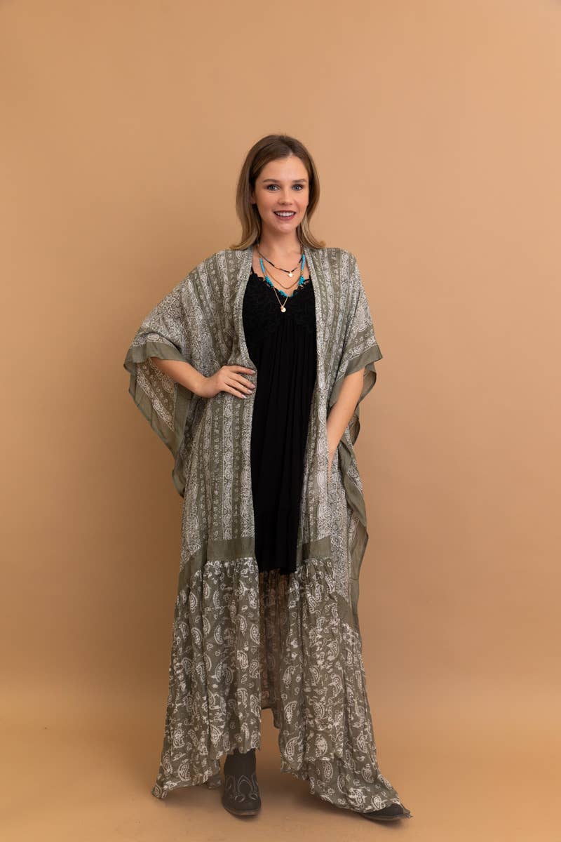 Sky Blue Paisley Floor-Length Kimono | Ruffle Hem