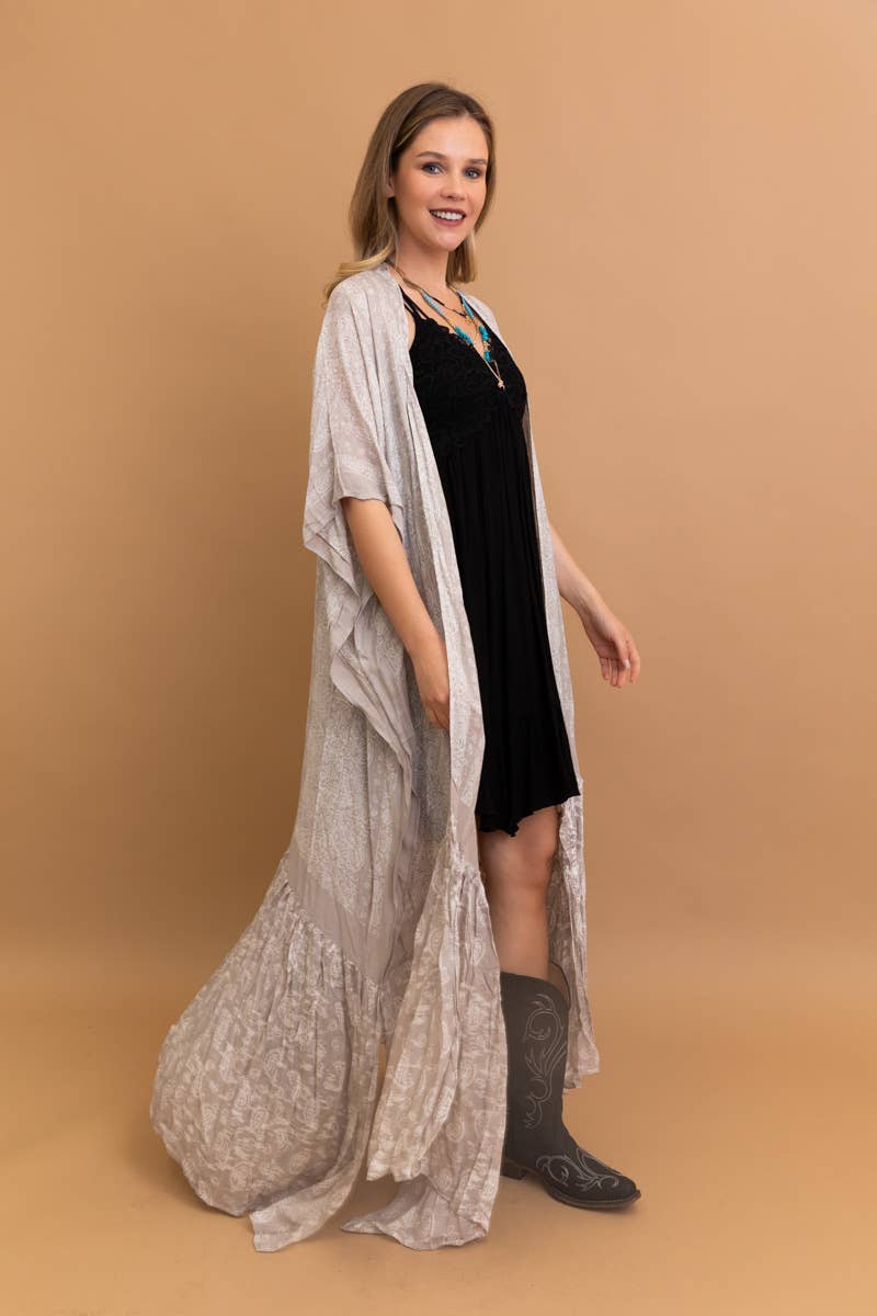 Sky Blue Paisley Floor-Length Kimono | Ruffle Hem