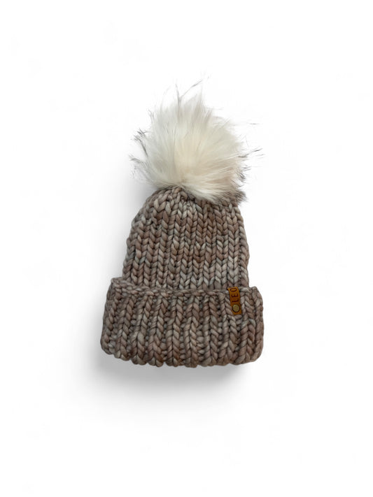 Handmade Wool Knit Hat with Faux Fur Pom | Light Multi