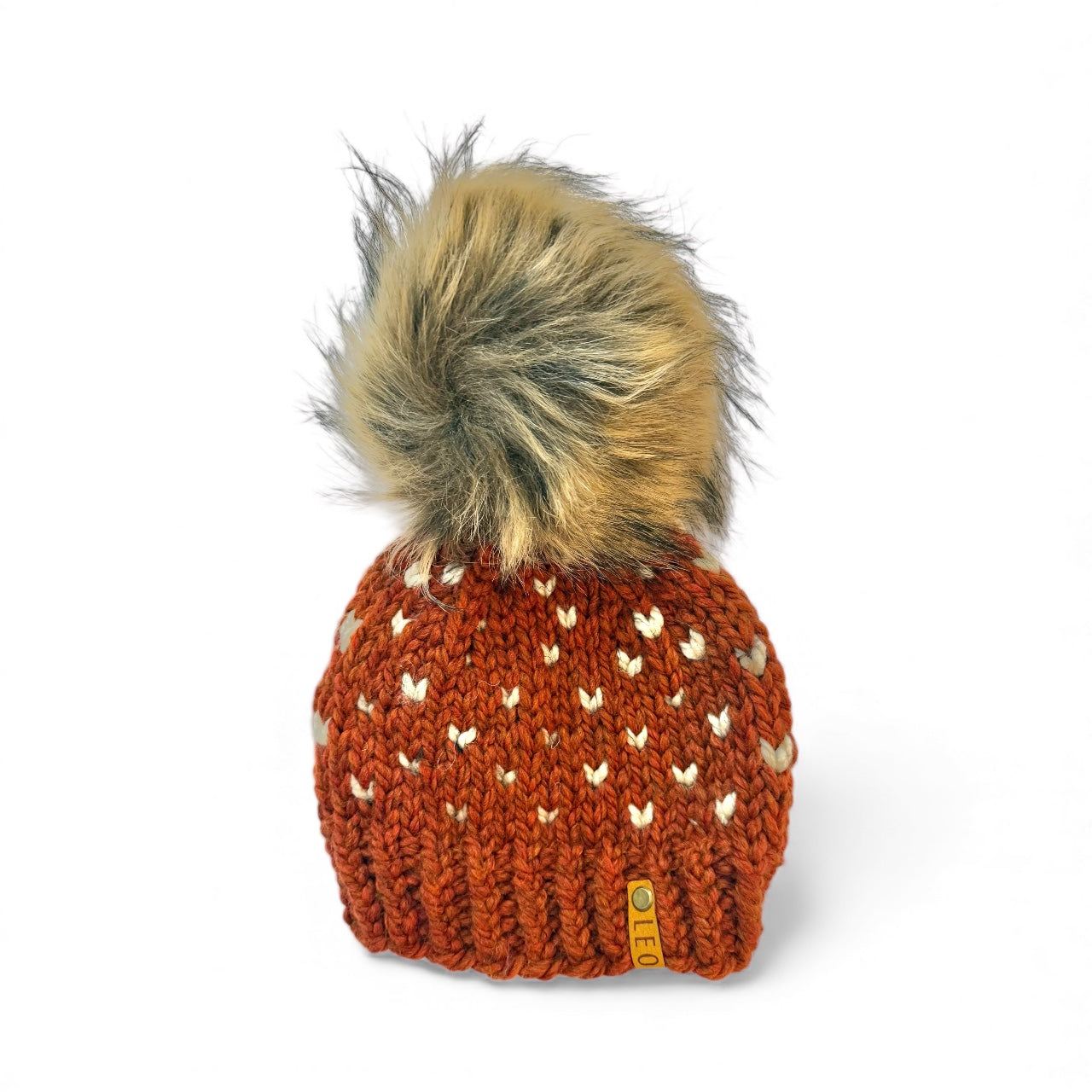 Handmade Wool Knit Hat with Faux Fur Pom | Hearts