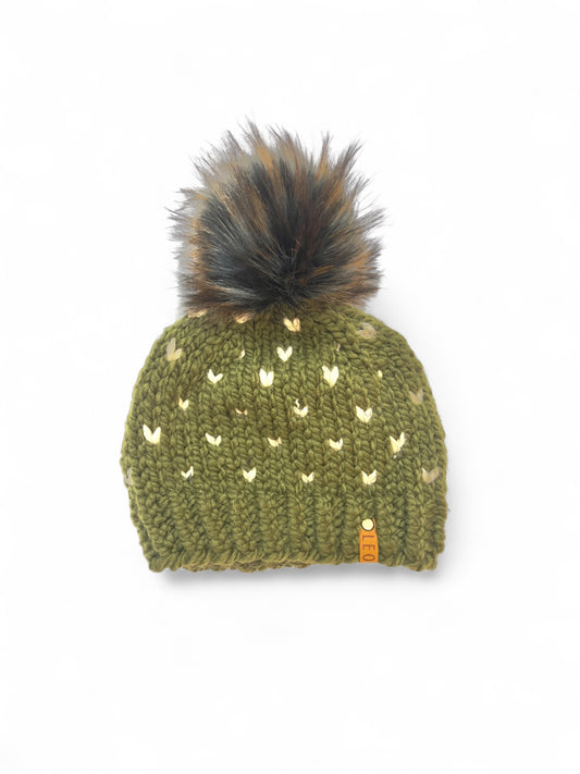 Handmade Wool Knit Hat with Faux Fur Pom | Hearts