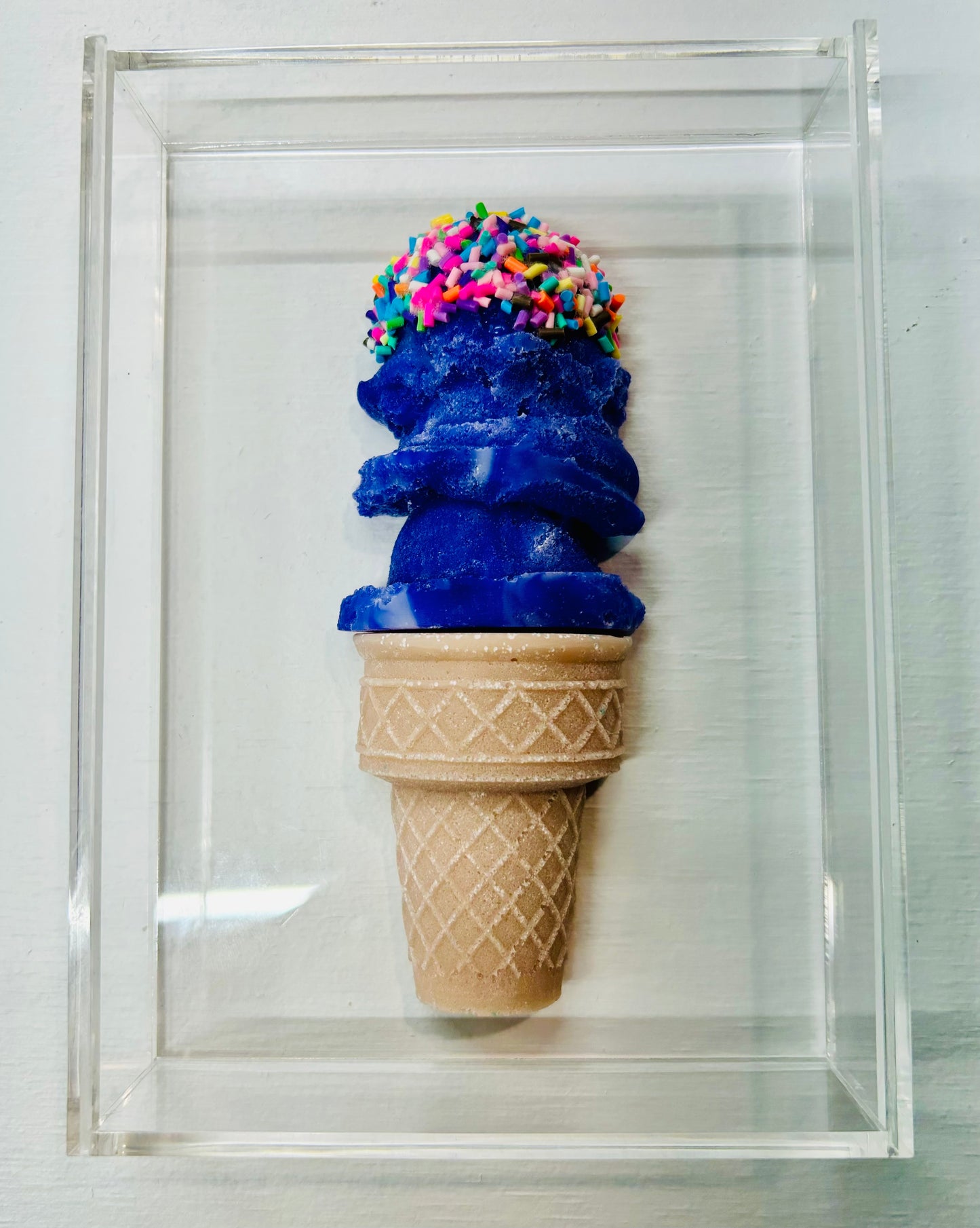 Resin and Acrylic Triple Scoop Ice Cream Cone Art, 5 x 7, Purple and White Swirl w/ Multi colored sprinkles (CIR009)