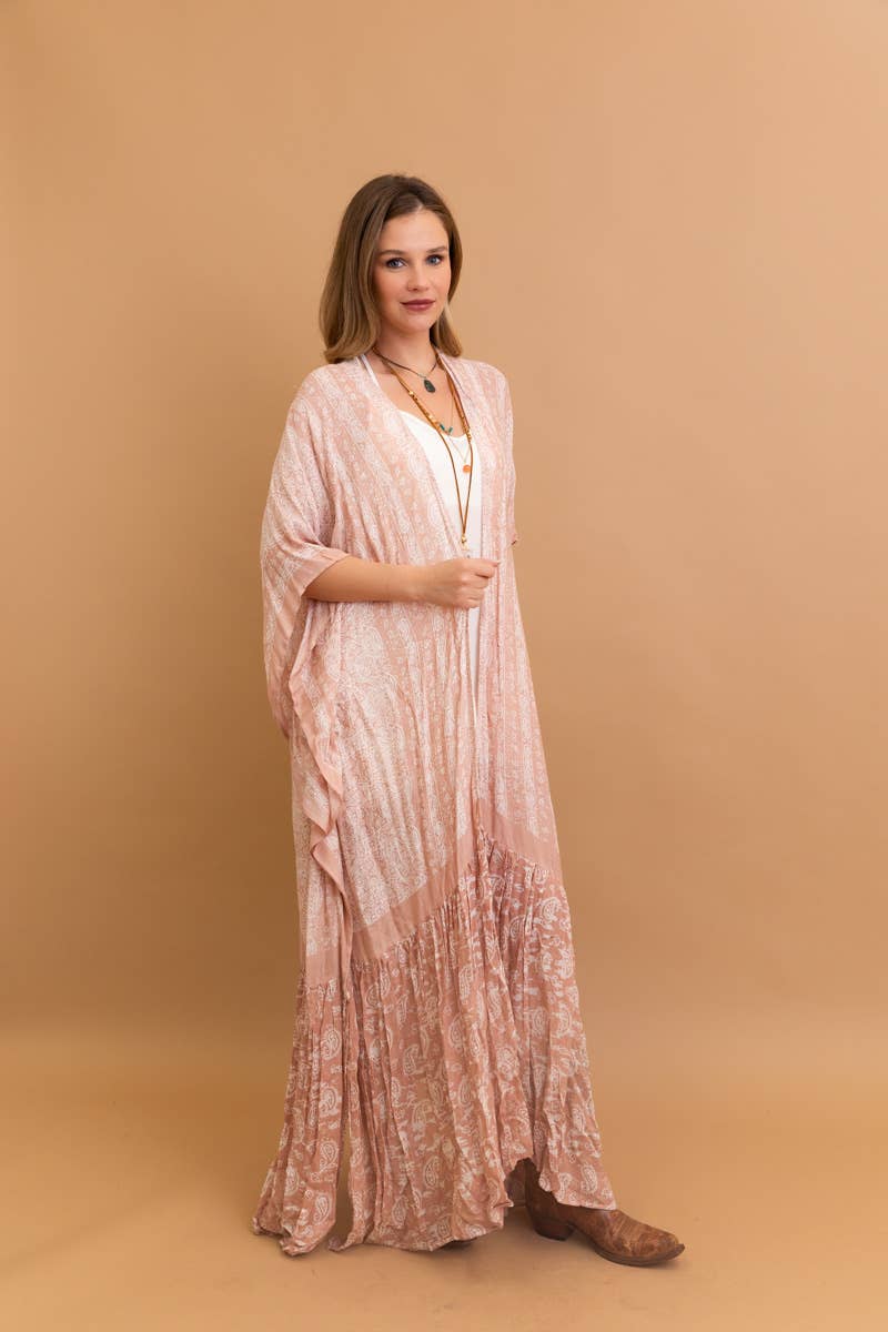 Sky Blue Paisley Floor-Length Kimono | Ruffle Hem