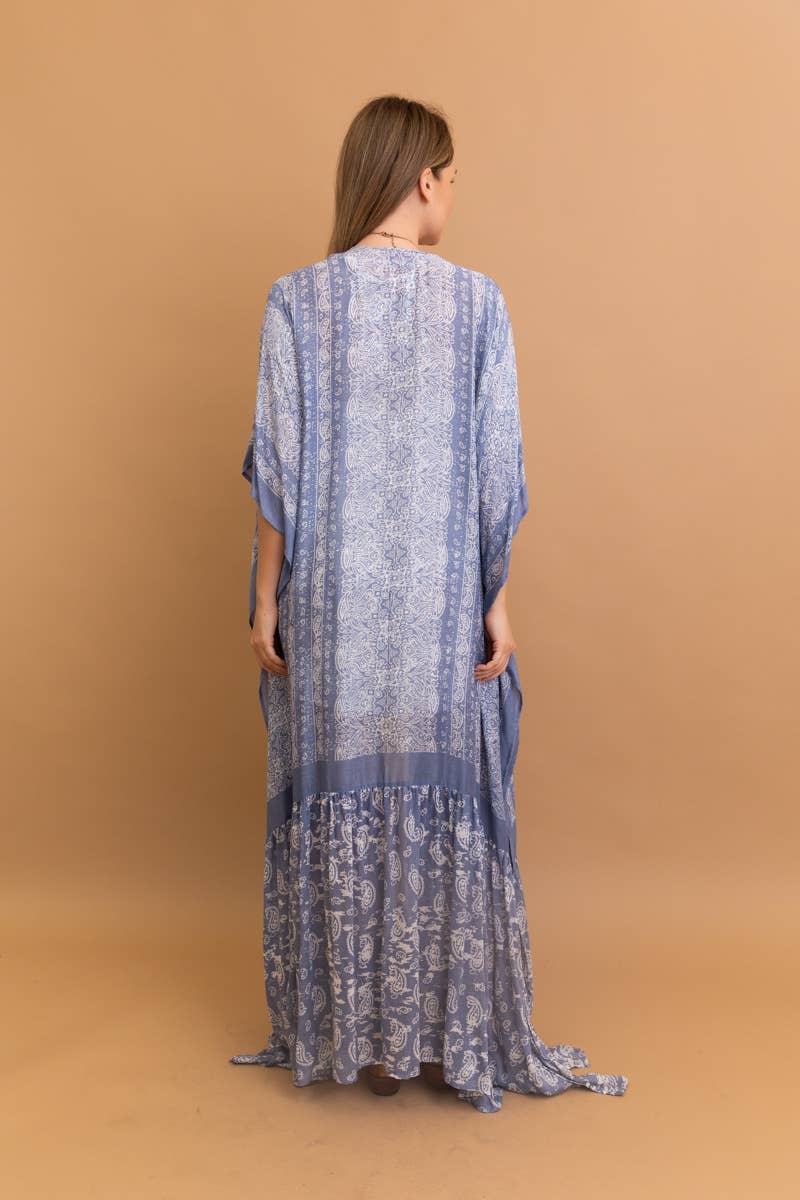 Sky Blue Paisley Floor-Length Kimono | Ruffle Hem