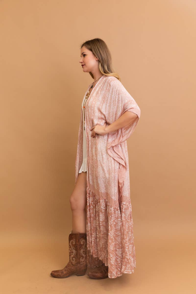 Sky Blue Paisley Floor-Length Kimono | Ruffle Hem