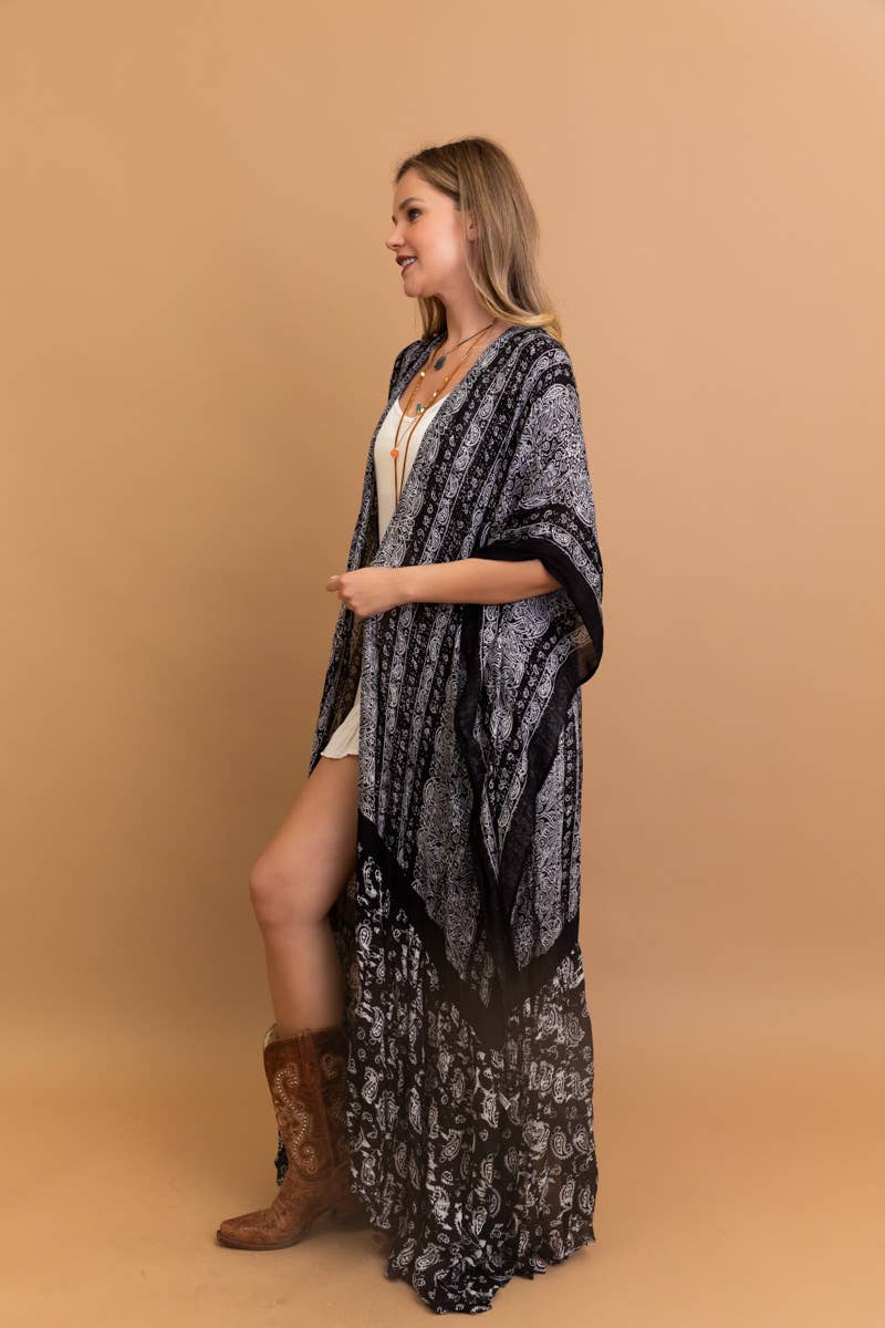 Black Paisley Floor-Length Kimono | Ruffle Hem Statement Layer