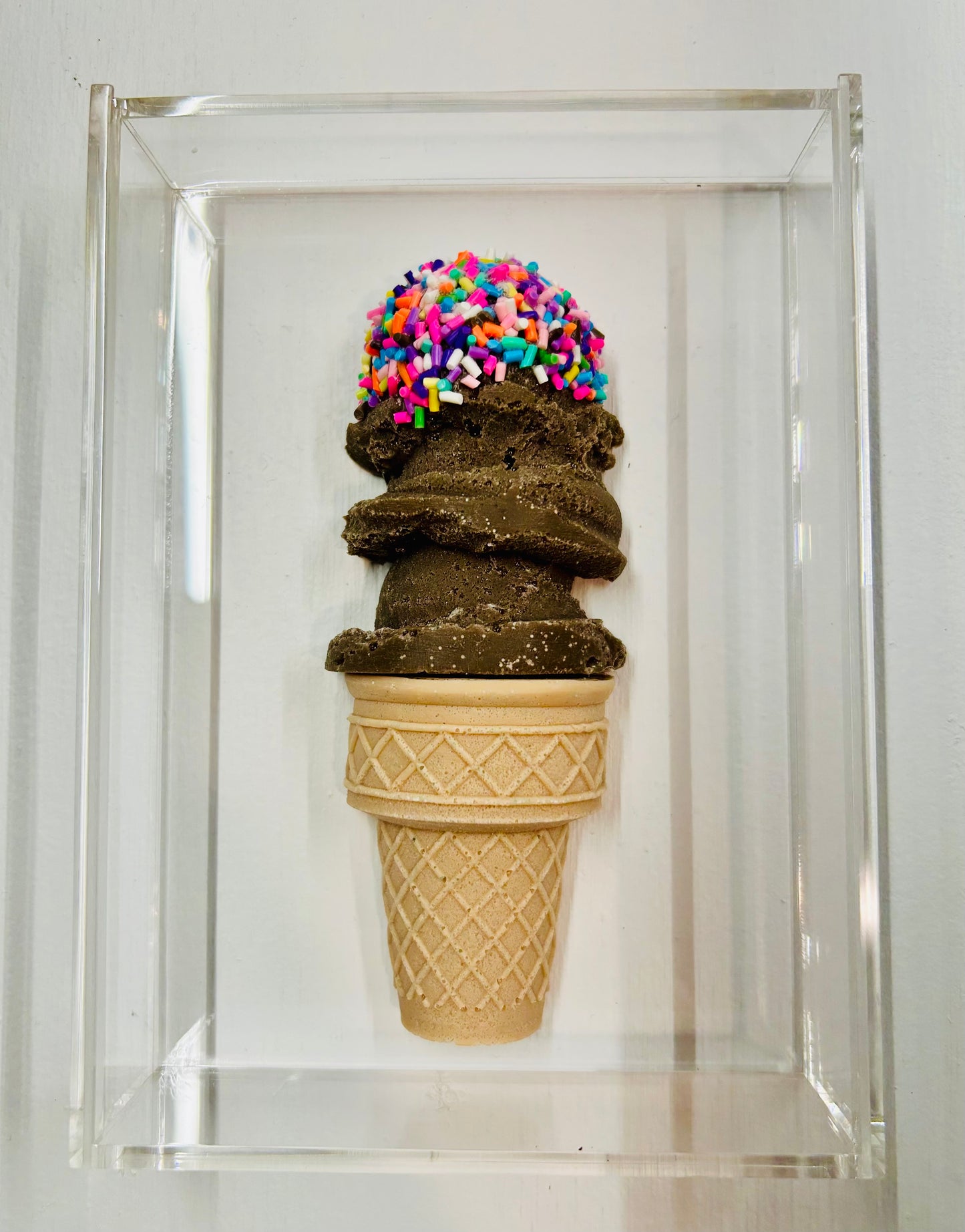 Resin and Acrylic Triple Scoop Ice Cream Cone Art, 5 x 7, Chocolate w/ Multi colored sprinkles (CIR008)
