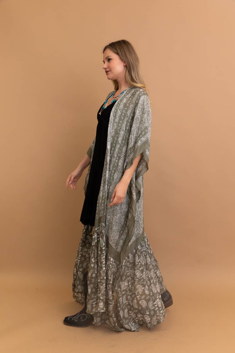 Sky Blue Paisley Floor-Length Kimono | Ruffle Hem
