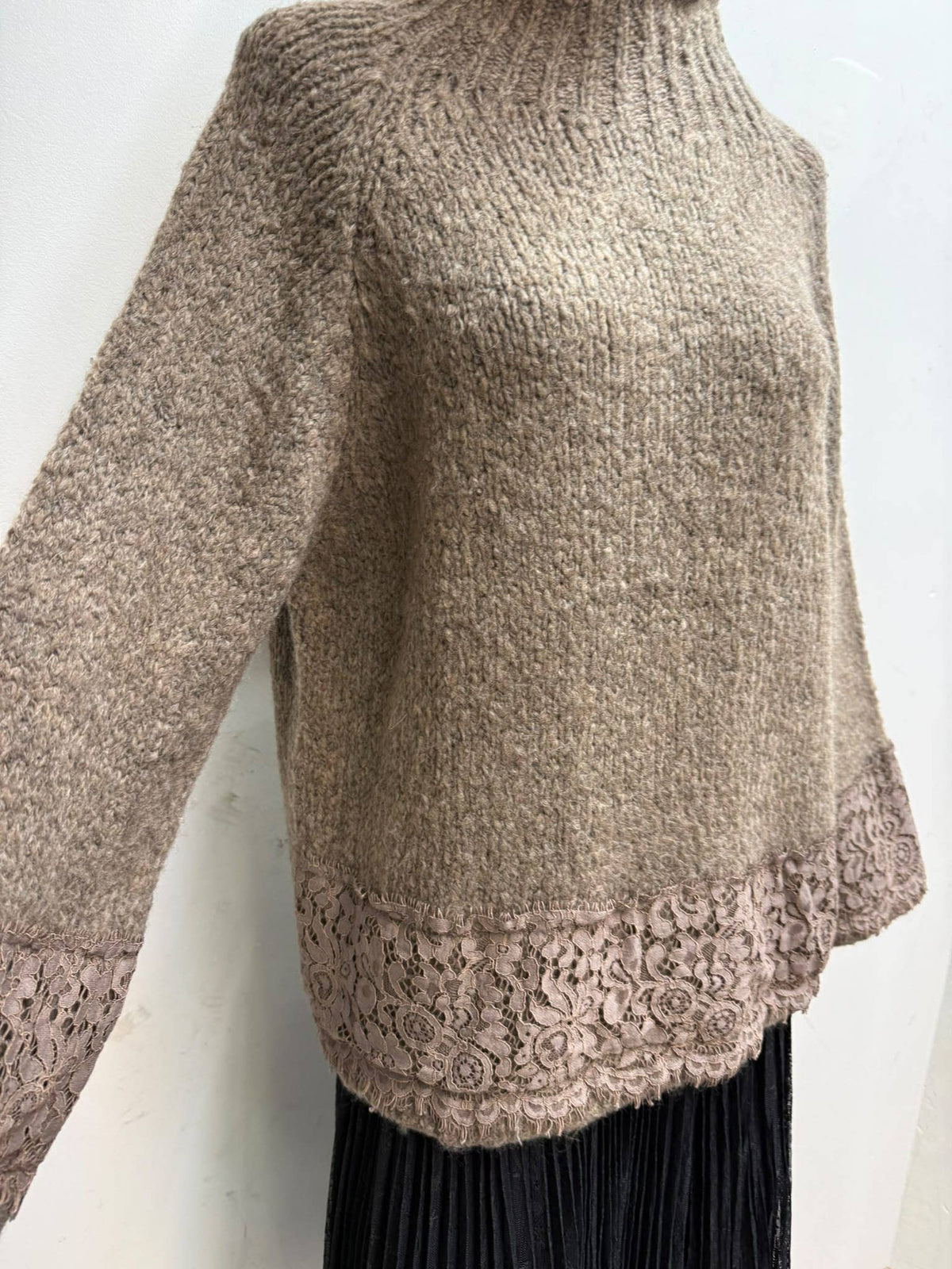 Lace-Trim Funnel Neck Sweater
