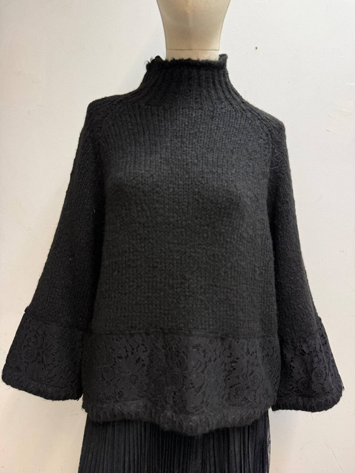 Lace-Trim Funnel Neck Sweater