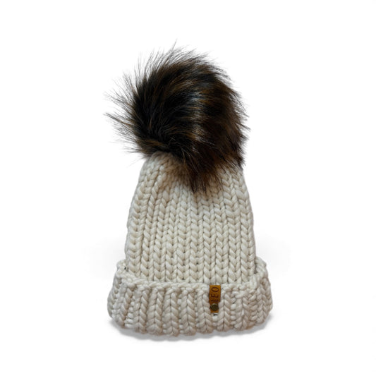 Handmade Wool Knit Hat with Faux Fur Pom | Cream
