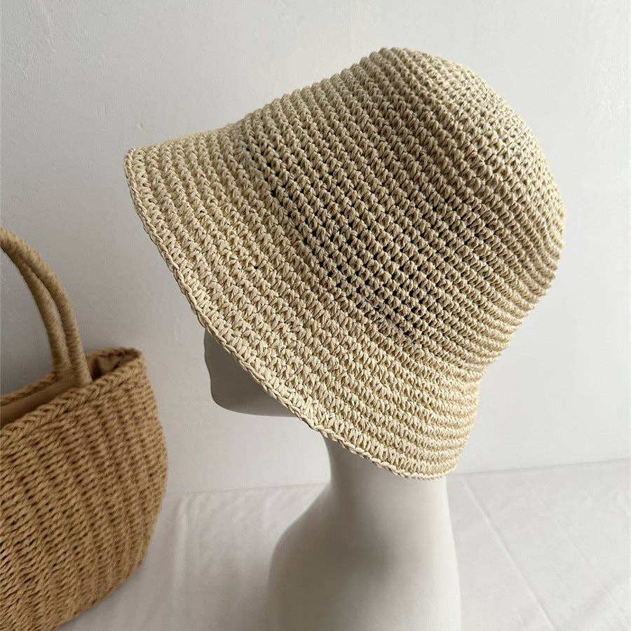 Foldable Raffia Bucket Hat | Beige