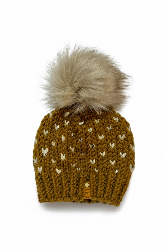 Handmade Wool Knit Hat with Faux Fur Pom | Hearts