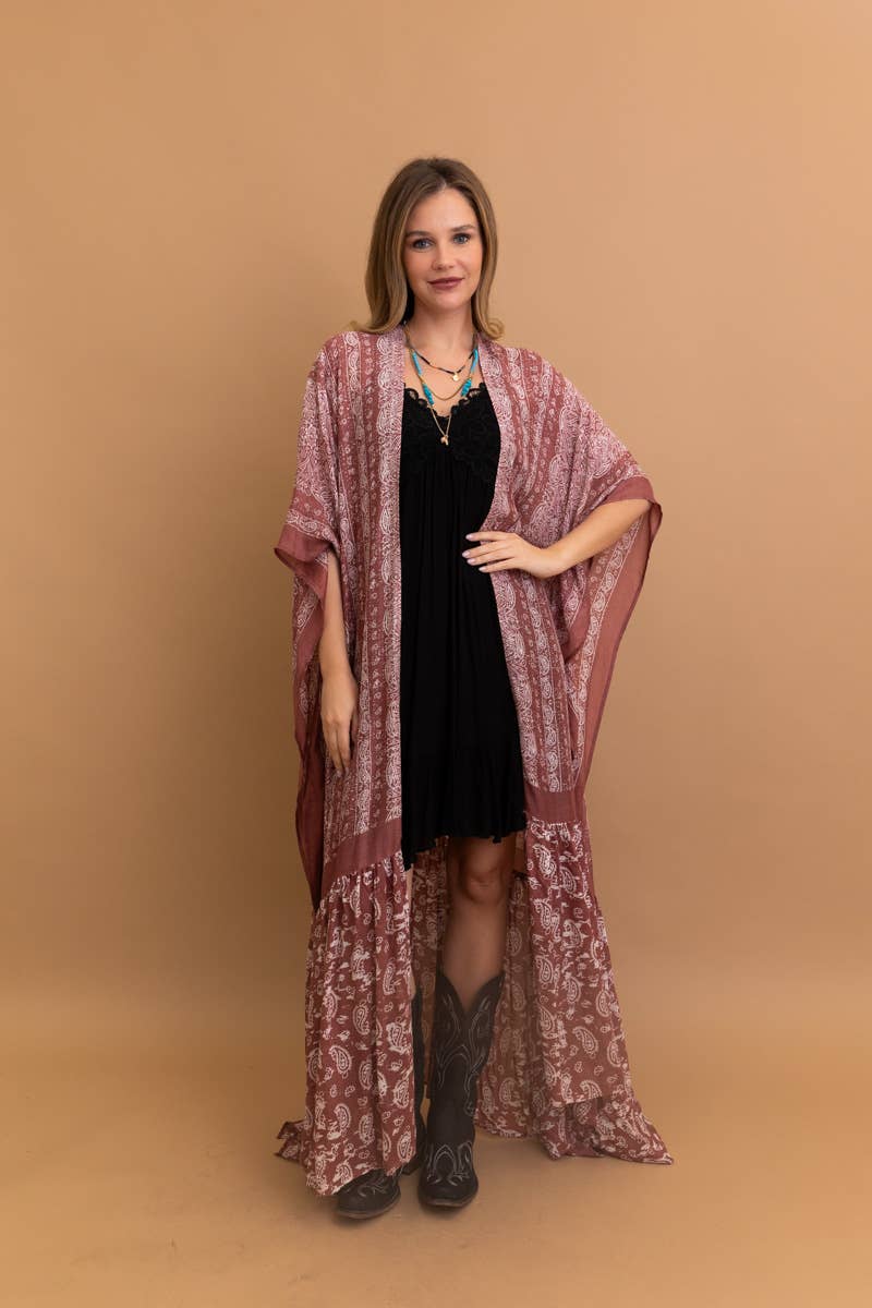 Sky Blue Paisley Floor-Length Kimono | Ruffle Hem