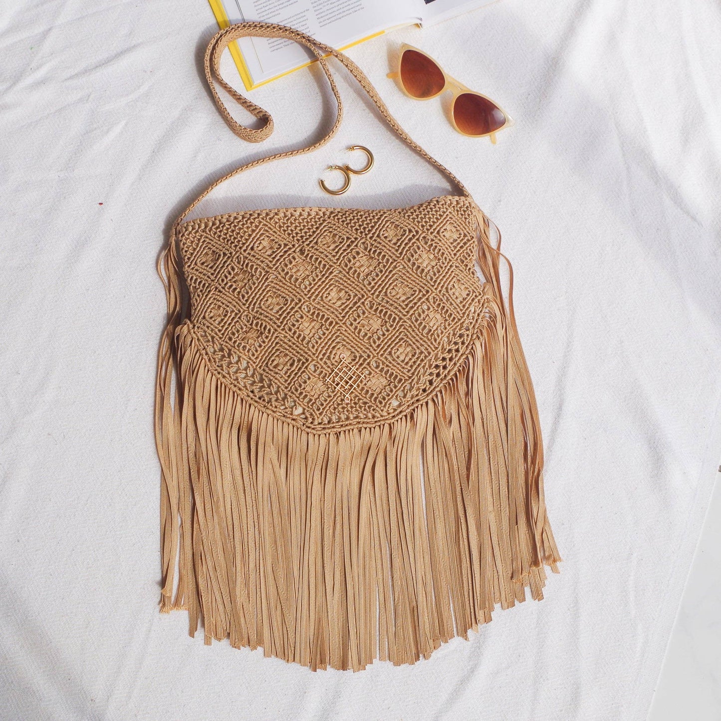 Boho Macrame Fringe Bag | Caramel