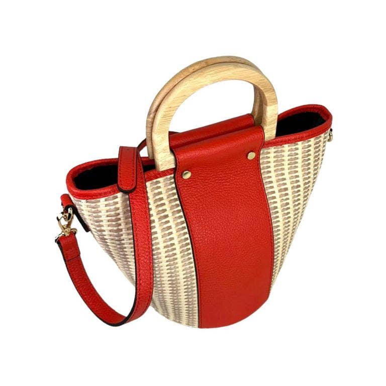Italian Raffia and Leather Bucket Bag with Wooden Handles | Black