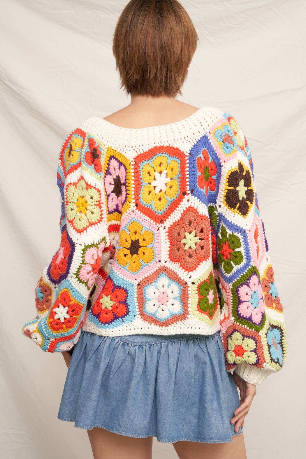 Chunky Oversized Granny Squared Crochet Sweater | White