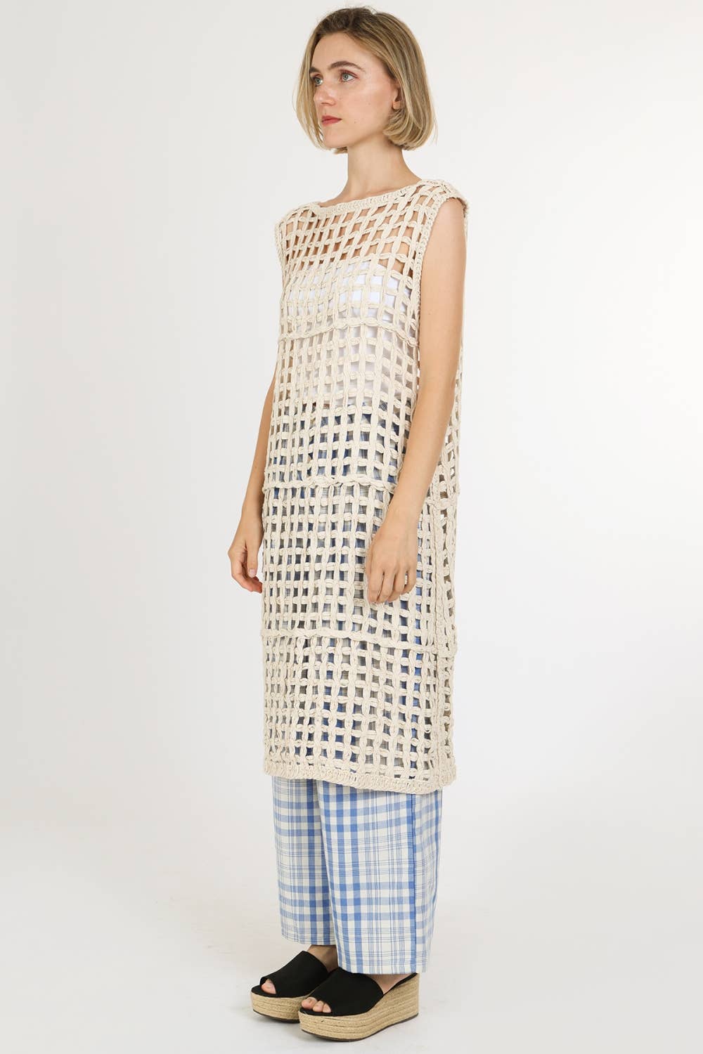 Hollow Out Net Cable Knit Sleeveless Midi Dress